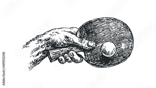 Hand holding table tennis paddle and ball sketch. Vector hand drawn illustration