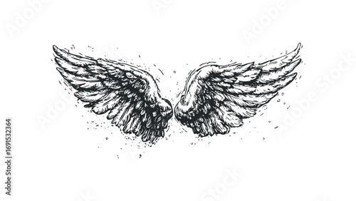 Sketch of detailed feathered wings, transparent background. Vector hand drawn illustration