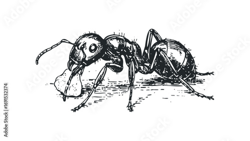 Detailed ant carrying pebble on transparent background. Vector hand drawn illustration