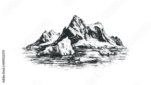 Hand Drawn Iceberg and Mountains in Water. Vector hand drawn illustration