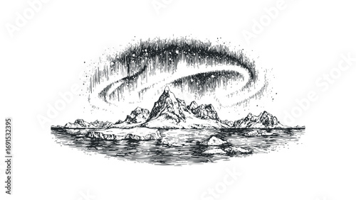 Aurora Borealis over Arctic Mountains and Ice Floes. Vector hand drawn illustration