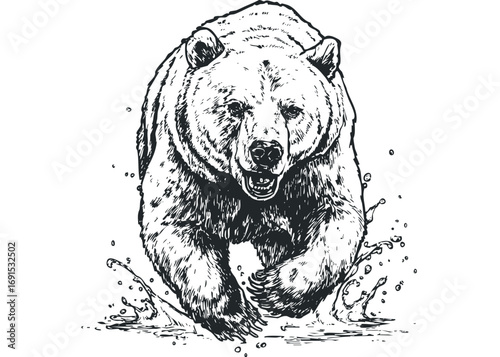 Charging Grizzly Bear image with water splash. Vector hand drawn illustration