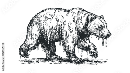 Bear with dripping texture. Vector hand drawn illustration