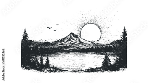 Pristine mountain lake scene with soaring birds and radiant sunburst. Vector hand drawn illustration