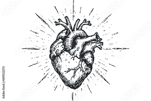 Vintage Anatomical Heart with Radiating Lines. Vector hand drawn illustration