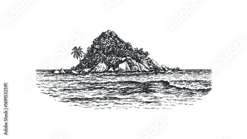 Isolated tropical island with lush vegetation and rocky shores in wavy ocean. Vector hand drawn illustration