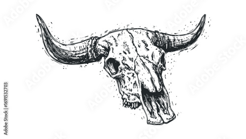 Detailed sketch of a bull skull with horns on transparent background. Vector hand drawn illustration