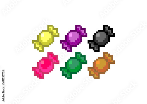 Pixel art illustration of six colorful wrapped candies in yellow, purple, black, pink, green, and orange on a white background.