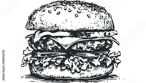 Detailed Sketch of a Double Cheeseburger with Sesame Seed Bun. Vector hand drawn illustration