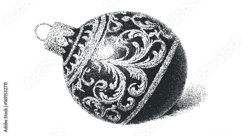 Ornate Christmas bauble with scrollwork engraving on transparent background. Vector hand drawn illustration