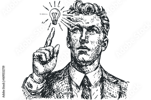 Man with Lit Lightbulb Over Head on Transparent. Vector hand drawn illustration