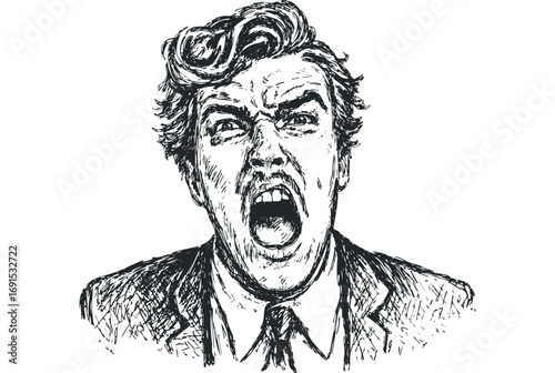 Man yelling in anguish with eyes closed in sketchy monochrome style, file. Vector hand drawn illustration