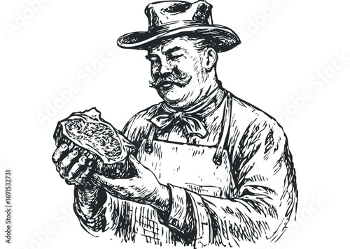 Butcher in hat examining fresh raw steak cut on transparent background. Vector hand drawn illustration