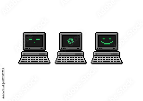 Pixel art illustration of three retro computers with green screen displays showing a neutral face, spiral symbol, and smiling face on a white background.