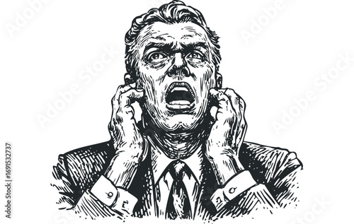 Man covering ears and screaming in distress. Vector hand drawn illustration