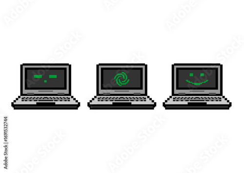 Pixel art illustration of three laptops with green screen displays showing different symbols: neutral face, spiral logo, and smiling face.