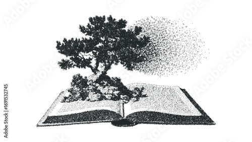 Tree erupting from open book dissolving into dots. Vector hand drawn illustration