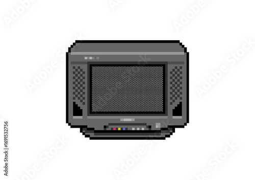 Pixel art of a retro CRT television with front speakers and control buttons, displayed on a white background in classic 8-bit style.
