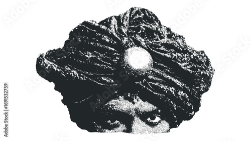 Man in turban with eye peeking through, file. Vector hand drawn illustration