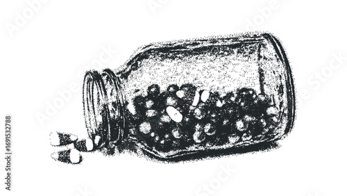 Glass medicine bottle with pills spilled on transparent background,. Vector hand drawn illustration