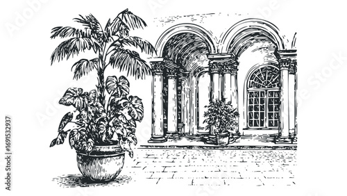 Archway with potted plants and window in a sketched architectural scene. Vector hand drawn illustration