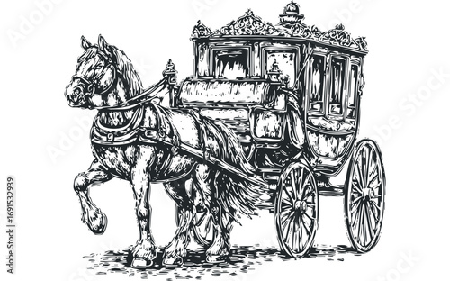 Horse drawn carriage with ornate detailed embellishments. Vector hand drawn illustration
