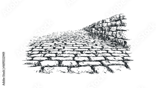 Stone pathway and wall sketch on transparent background. Vector hand drawn illustration