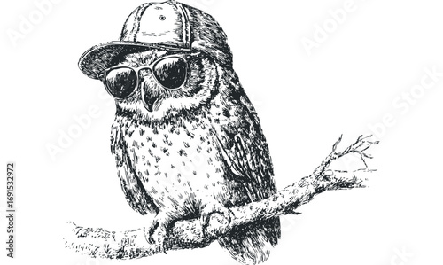Hand Drawn Owl With Sunglasses and Baseball Cap Sitting on Branch. Vector hand drawn illustration