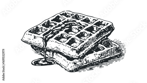Stack of delicious waffles with syrup drizzle image. Vector hand drawn illustration