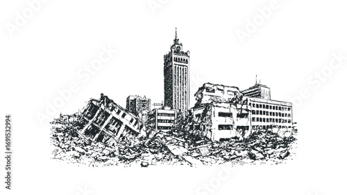 Sketch of city destruction with collapsed buildings and debris. Vector hand drawn illustration
