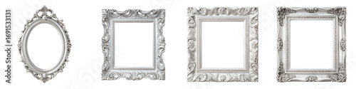 Silver Picture Frames: Ornate Vintage Designs on White Background