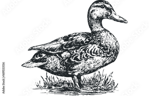 Duck standing in grassy water edge ink sketch. Vector hand drawn illustration