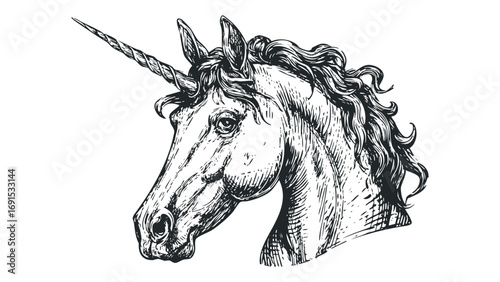 Hand drawn unicorn head with spiraling horn and flowing mane on transparent background. Vector hand drawn illustration