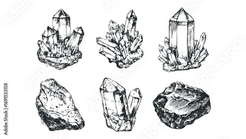 Hand drawn crystal cluster and raw stone file on transparent background. Vector hand drawn illustration