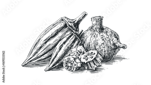 Line drawing of okra pods and sliced okra on transparent background. Vector hand drawn illustration