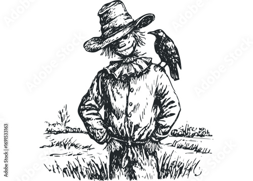 Scarecrow with Crow image on transparent background. Vector hand drawn illustration
