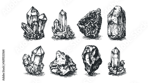 Collection of sketchy rough crystal clusters and specimens on transparent. Vector hand drawn illustration