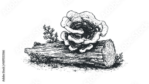 Wood log with fungus growth image. Vector hand drawn illustration