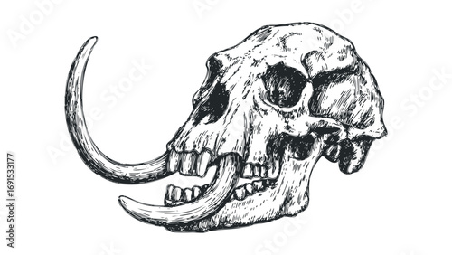 Elephant skull with tusks line drawing. Vector hand drawn illustration