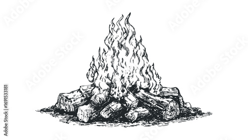 Sketch of Campfire with Burning Logs Isolated on White. Vector hand drawn illustration