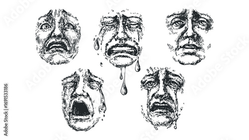 Black and white sketch of five expressive crying faces on a transparent background. Vector hand drawn illustration