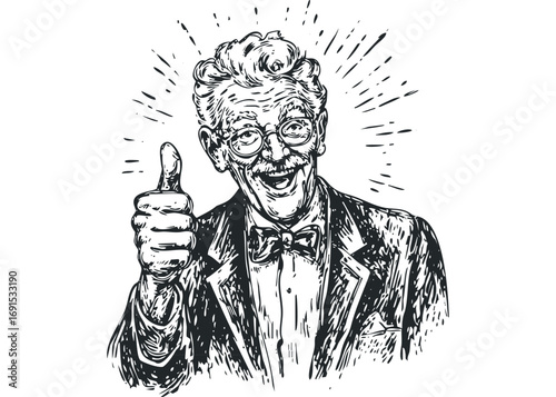 Elderly man in suit and glasses giving thumbs up gesture and smiling. Vector hand drawn illustration