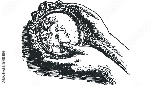 Hand holding ornate antique mirror reflecting profile portrait. Vector hand drawn illustration