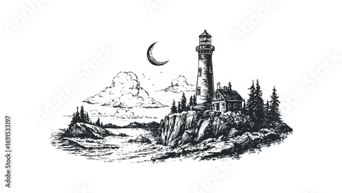 Line sketch of a lighthouse on a cliff overlooking the ocean under a crescent moon. Vector hand drawn illustration