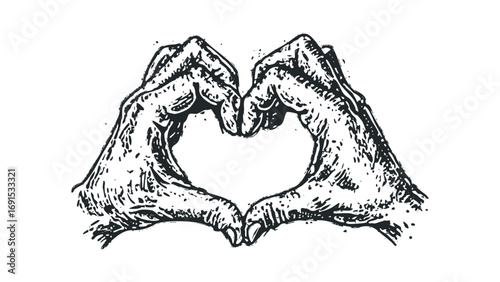 Black and white sketch of hands forming a heart shape on transparent background. Vector hand drawn illustration