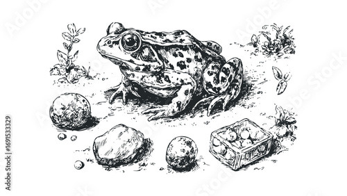 Detailed ink sketch of a frog with leaves and stones on transparent background. Vector hand drawn illustration