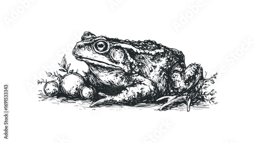 Detailed sketch of a toad with berries and foliage on a transparent background. Vector hand drawn illustration