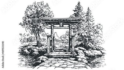 Black and white sketch of a Japanese torii gate in a tranquil garden setting. Vector hand drawn illustration