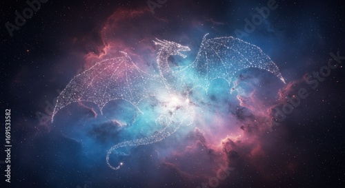 Celestial Dragon Silhouette Formed by Cosmic Star Dust and Glowing Nebula Gas in a Vibrant Space Fantasy Art Illustration with Wireframe Elements