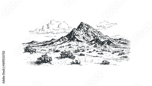 Pen and ink drawing of a jagged mountain peak and arid landscape with sparse vegetation. Vector hand drawn illustration